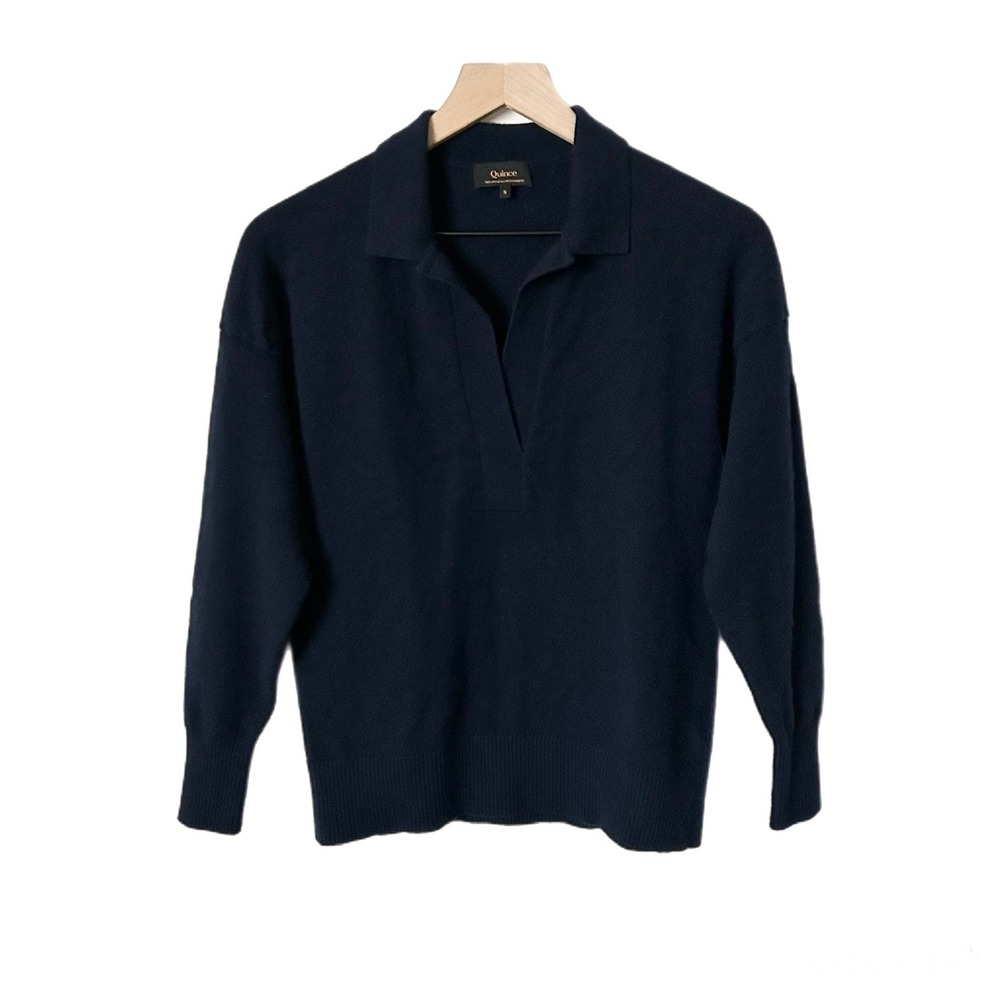 Quince Mongolian Cashmere Polo Sweater True Navy Blue V-Neck Size Small